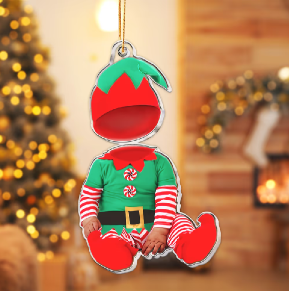 Adorable Newborn Baby Elf - Personalized Babys Photo First Christmas Ornament