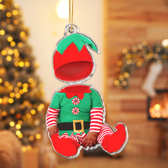 Adorable Newborn Baby Elf - Personalized Babys Photo First Christmas Ornament