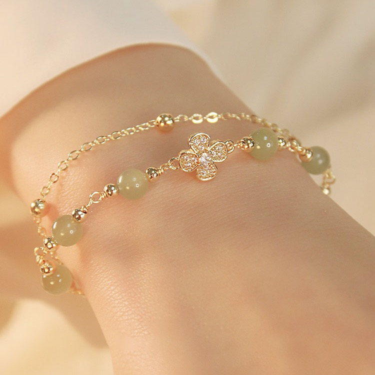 Natural Hetian Jade Double Layer Clover Bracelet