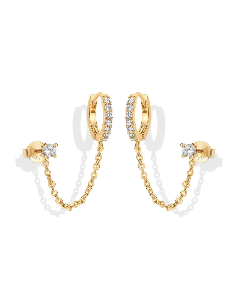 Double-piercing chain drop earrings