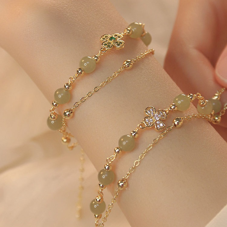 Natural Hetian Jade Double Layer Clover Bracelet